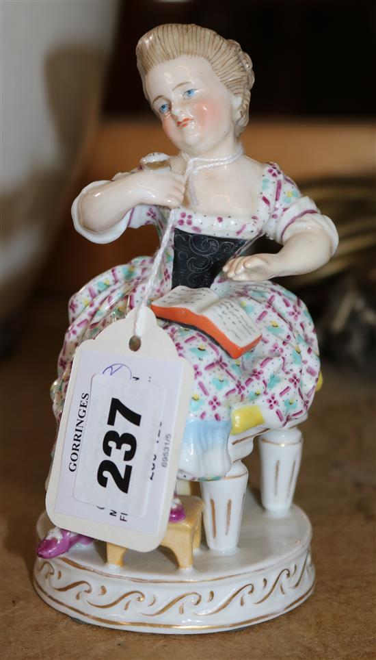 Meissen style porcelain figure of a seated girl with watch and book(-)